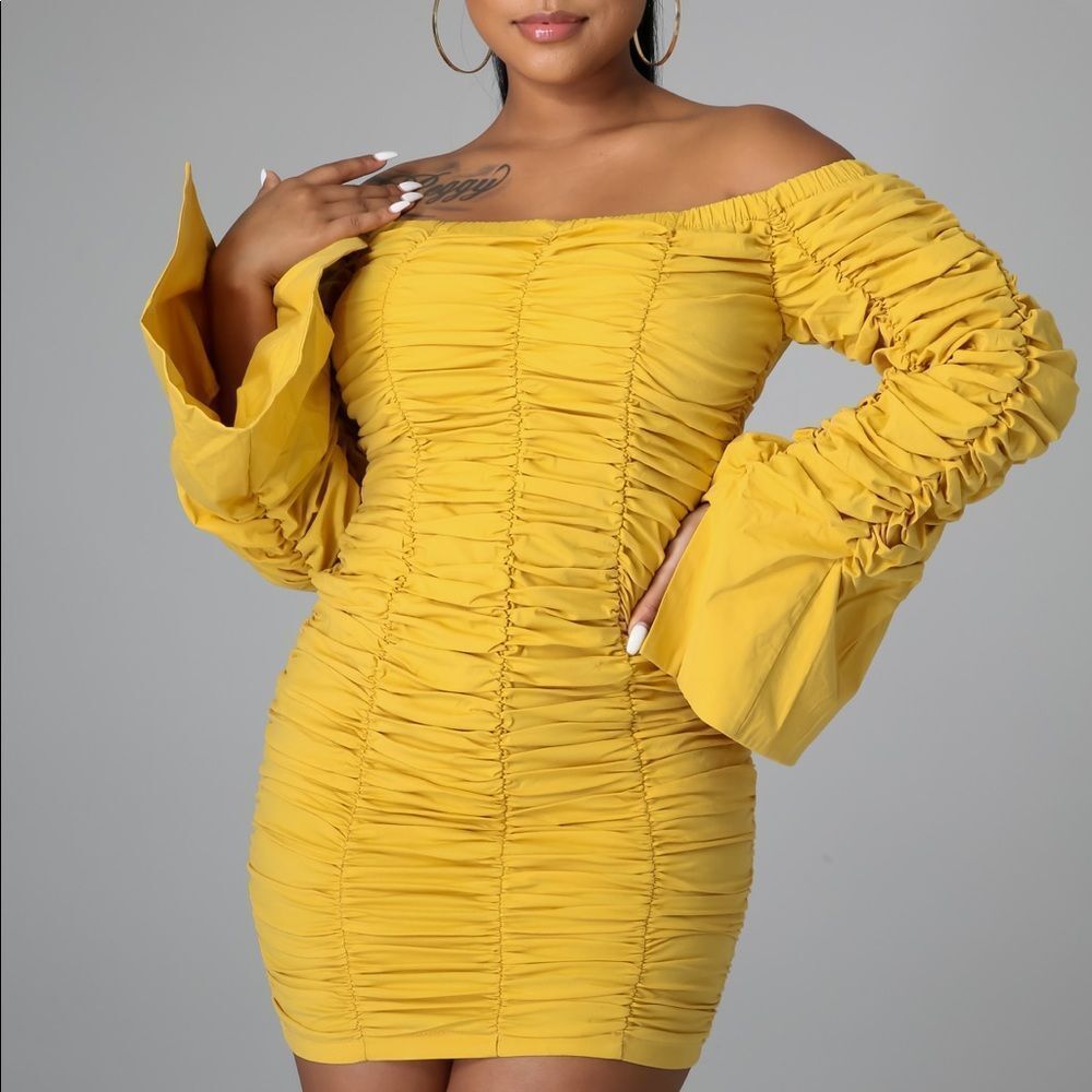Stretchy Denim Ruched Off Shoulder Mini Dress